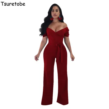 

Tsuretobe Off Shoulder Sexy Jumpsuit Women Bodycon Bandage Wide Leg Jumpsuit Female Pleated Elegant Casual Bodysuit Vestidos