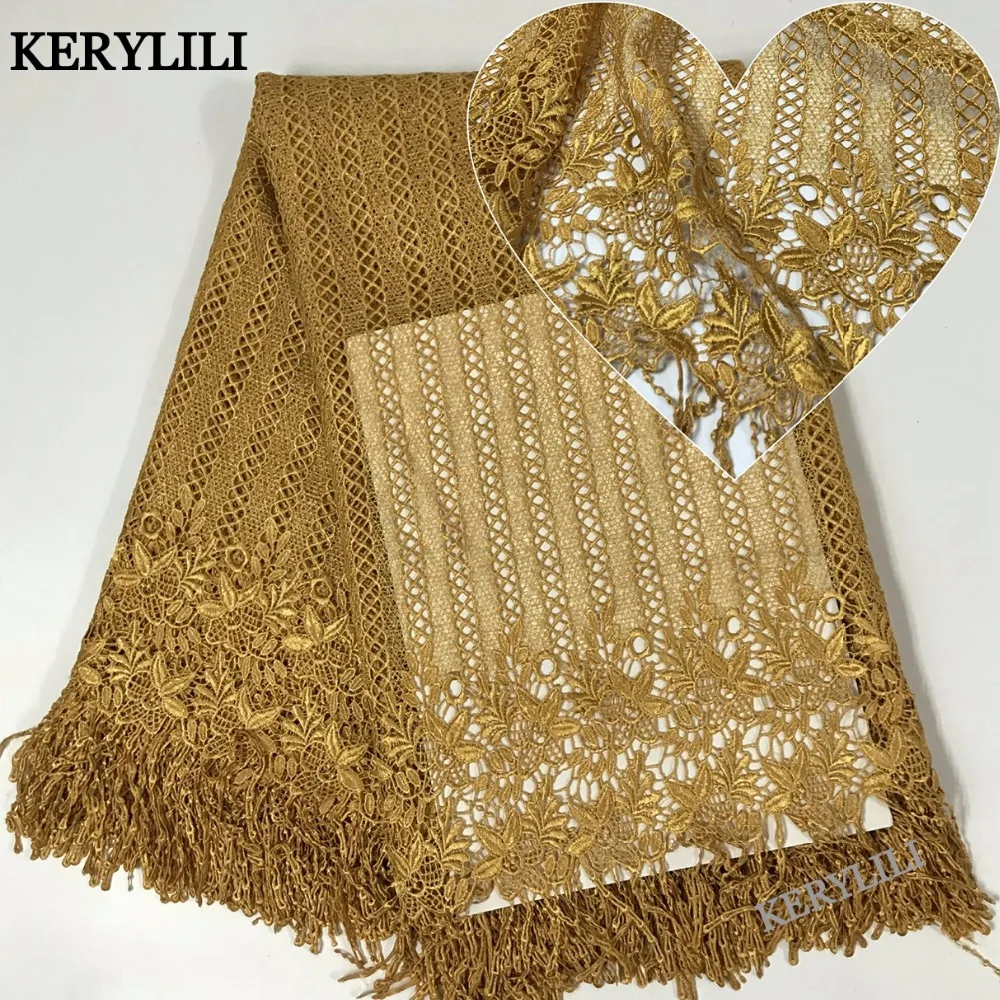 

KER YLILI Nigerian Lace Fabric Gold Polyester African Cord Lace Guipure Fabric Mesh Wedding Sewing Material Red 5 Yards KRL-5680