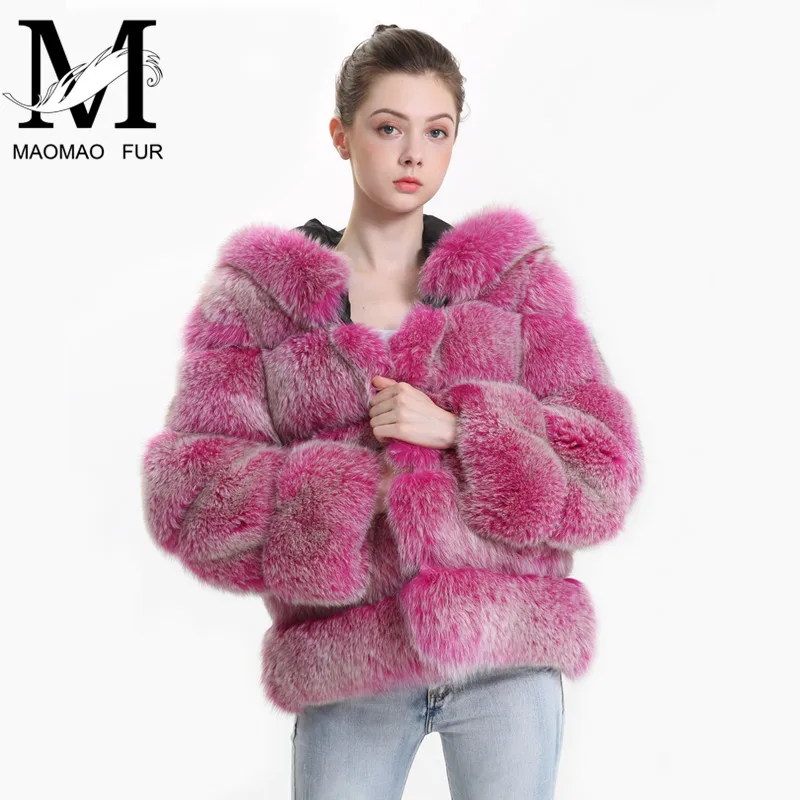 Real Fox Fur Coat Women Winter 2018 Fashion Natural Fox Fur Jacket with Hood Outfit Hoodies Genuine Real Fur Hooded Coat Female