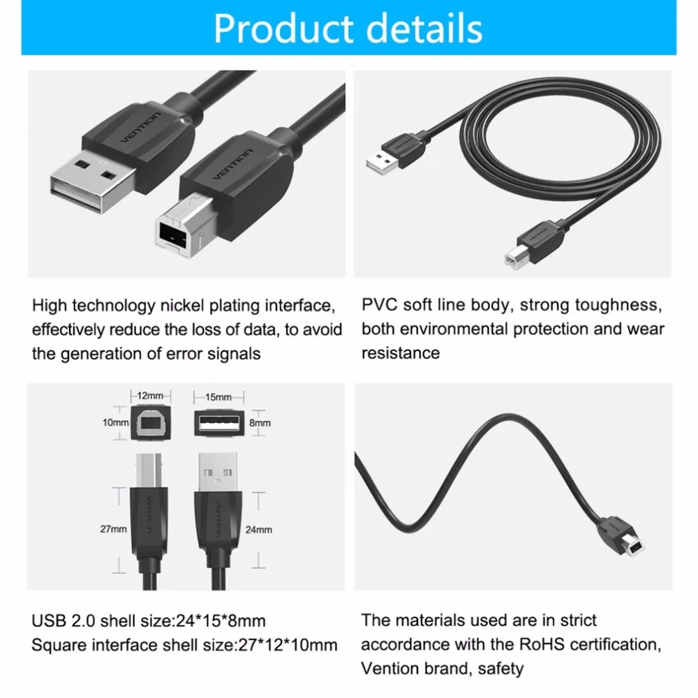Vention A59 USB2.0 кабель для принтера супер высокая скорость USB2.0 папа-папа принтер порт кабель для передачи данных черный