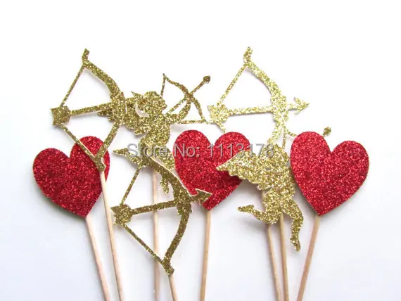 Heart Cupid Bow And Arrow Cupcake Toppers Glitter Heart Cupcake