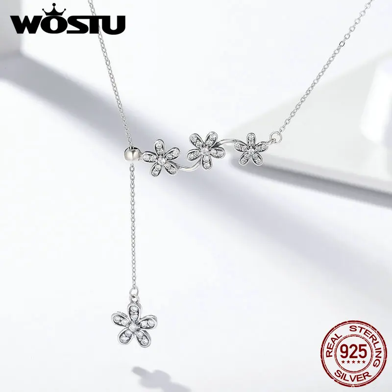 

WOSTU Genunie 925 Sterling Silver Clear CZ Dazzling Daisy Flower Spring Floral Pendant & Necklace Chain Necklace Collier BKN178