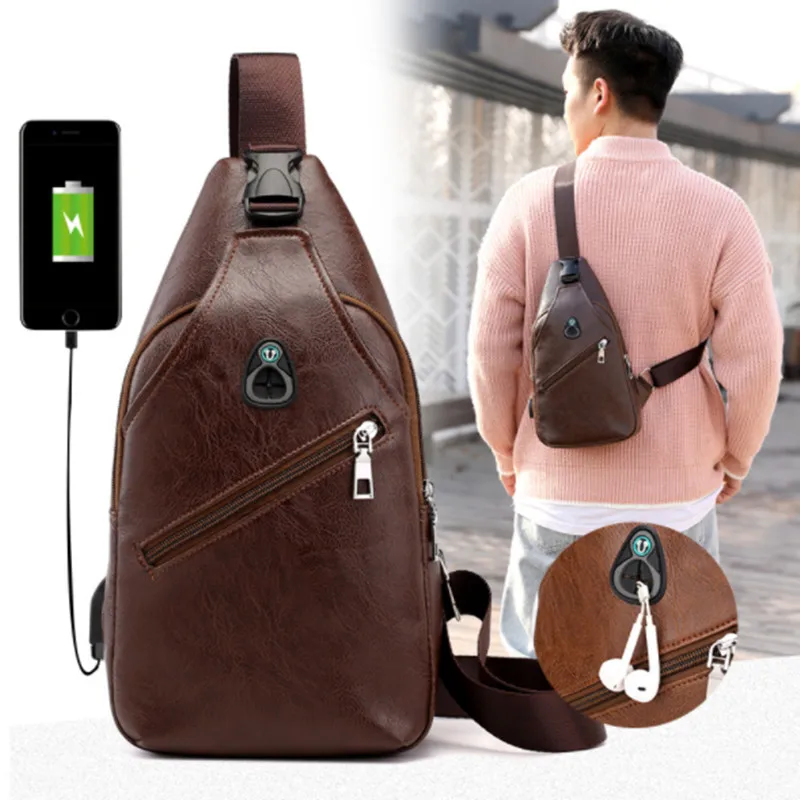 Мужские сумки через плечо, Мужская нагрудная сумка с USB, дизайнерская сумка-мессенджер, кожаная сумка через плечо, диагональная посылка, новинка, рюкзак для путешествий - Цвет: Коричневый