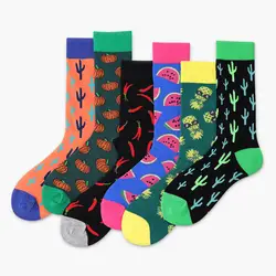 PEONFLY 1 пар Красочные Для мужчин носки фрукты, арбуз ананас, кактус Happy Socks мягкие Для мужчин хлопок длинные Экипаж Смешные Носки