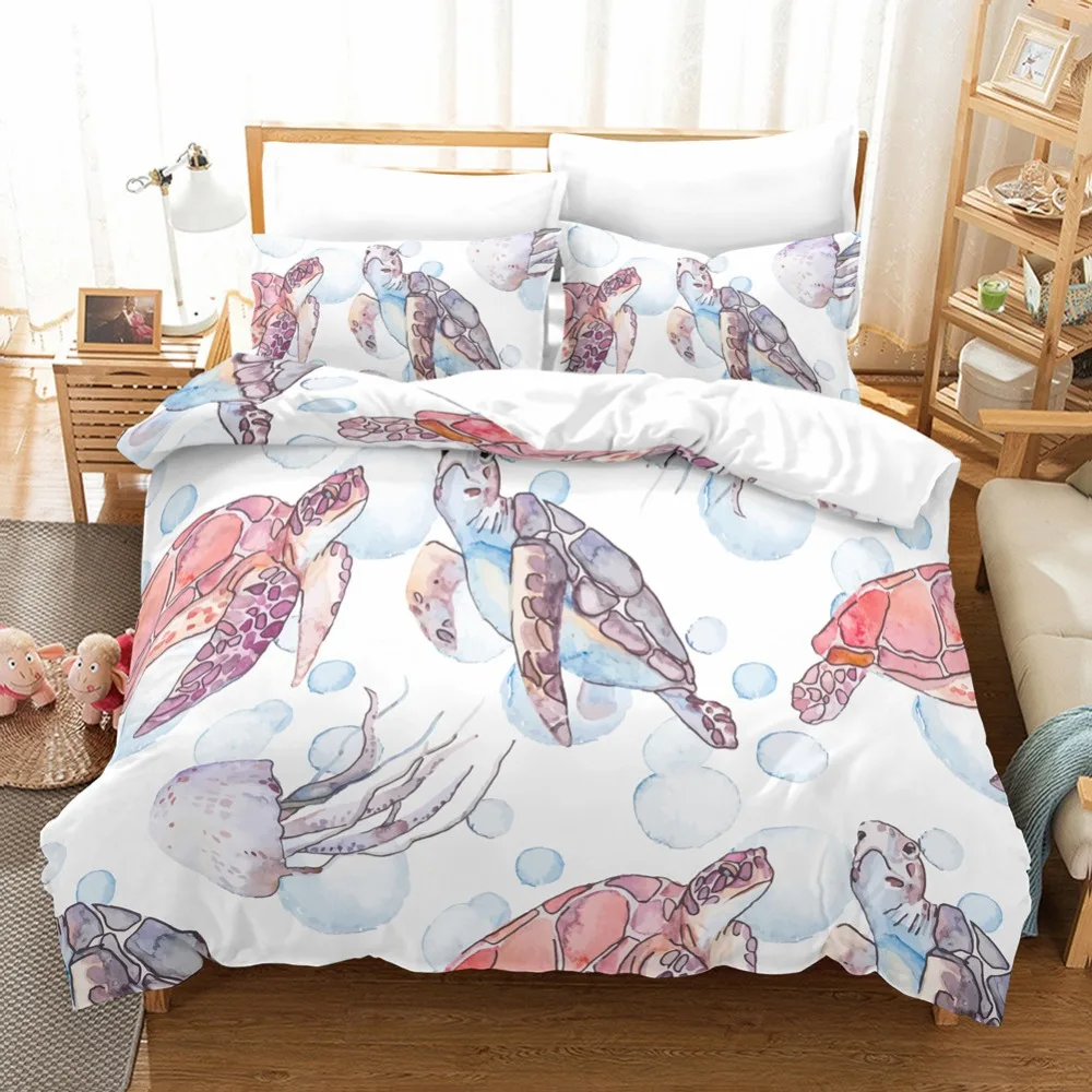 

3Pcs Bedding Set Twin/Queen/King Pink Turtles Graphic Duvet Cover And Pillowcase Unfading And Stain Resistant Machine Washable
