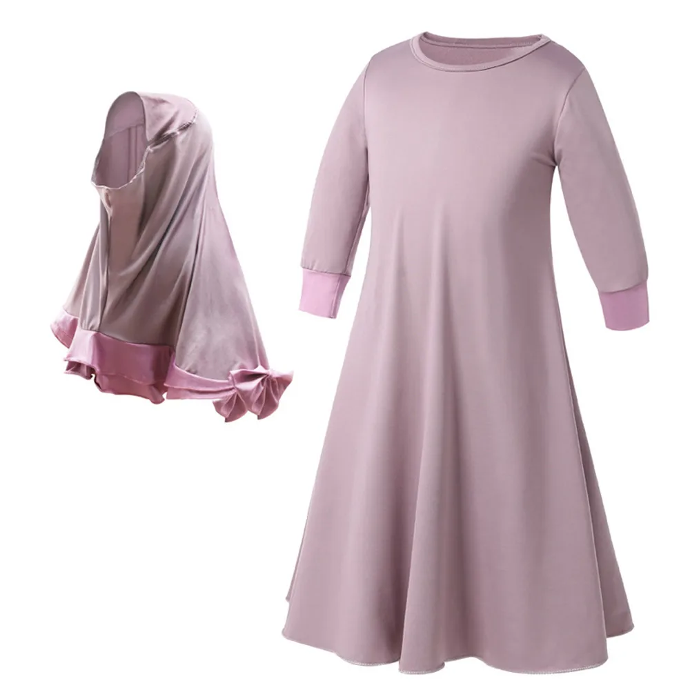 Модная мусульманская детская одежда для девочек однотонное платье + хиджаб халат платья Бурка арабских Дубайский кафтан детская