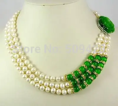 

Free Shipping WholesaleHot Green Jade 3 Rows Lady White Pearl Flower Clasp Gold Plated Jewelry Necklace