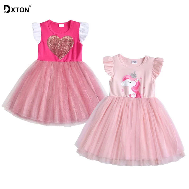 

Dxton Summer Dress for Girls Short Sleeve Unicorn Print Dress Heart Design Sequined Children Party Clothes 2pcs/lot Sh4542 Mix