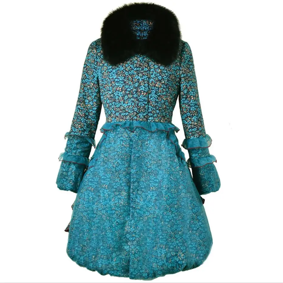 

plus size 3XL Winter Fashion Zipper Printed vintage Lantern Sleeve Slim Wadded Jacket Elegant Female Cotton-padded Coat