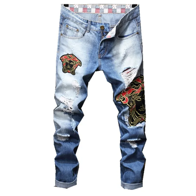 Buy Fashion ripped rock jeans men stretch motorcycle
