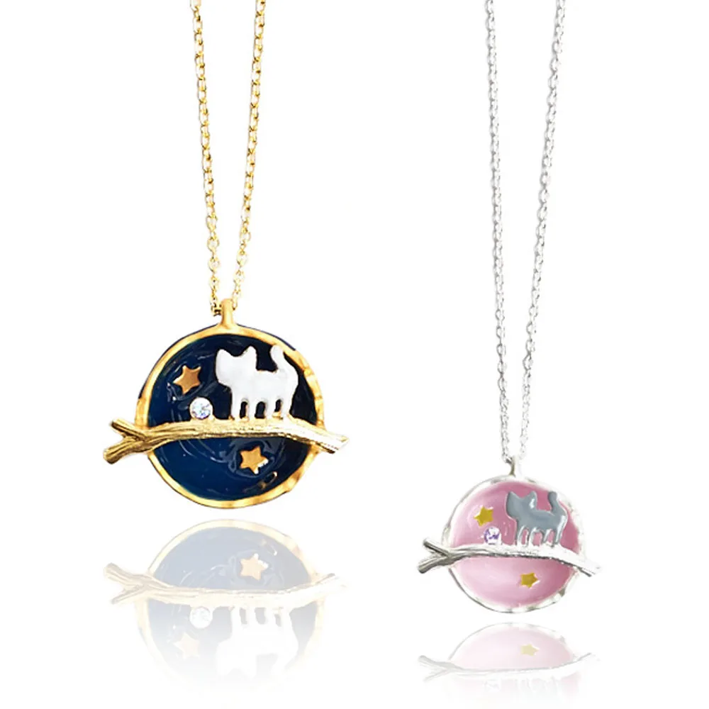 

Japan Style Enamel Cat Pendant Necklace Star Metal Tree Branch Women Summer Fashion Jewelry Garment Accessory
