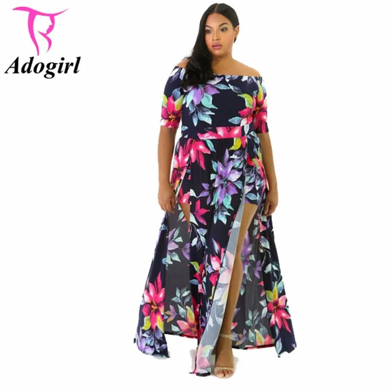 xxxl plus size floral off shoulder short sleeve high split sexy cheap plus size maxi dresses