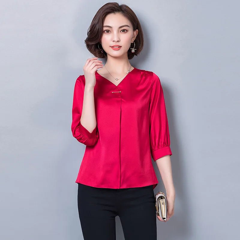 Women Blouses Casual OL Silk Blouse Autumn Loose Basic Satin Shirt Work Wear Blusas Feminina Tops Shirts Plus Size XXXL Pink/Red - 32968250792
