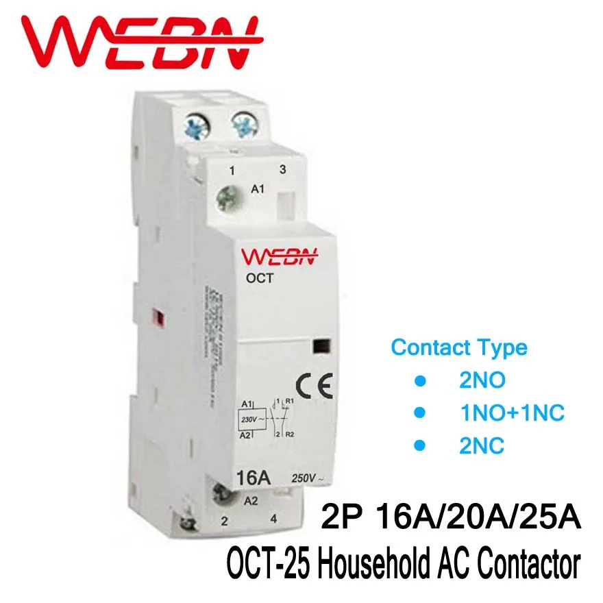 

OCT-25 Series 2P 16A/20A/25A Automatical AC Household Contactor 220V/230V 50/60Hz Contact 2NO/1NO+1NC/2NC Din Rail Contactor