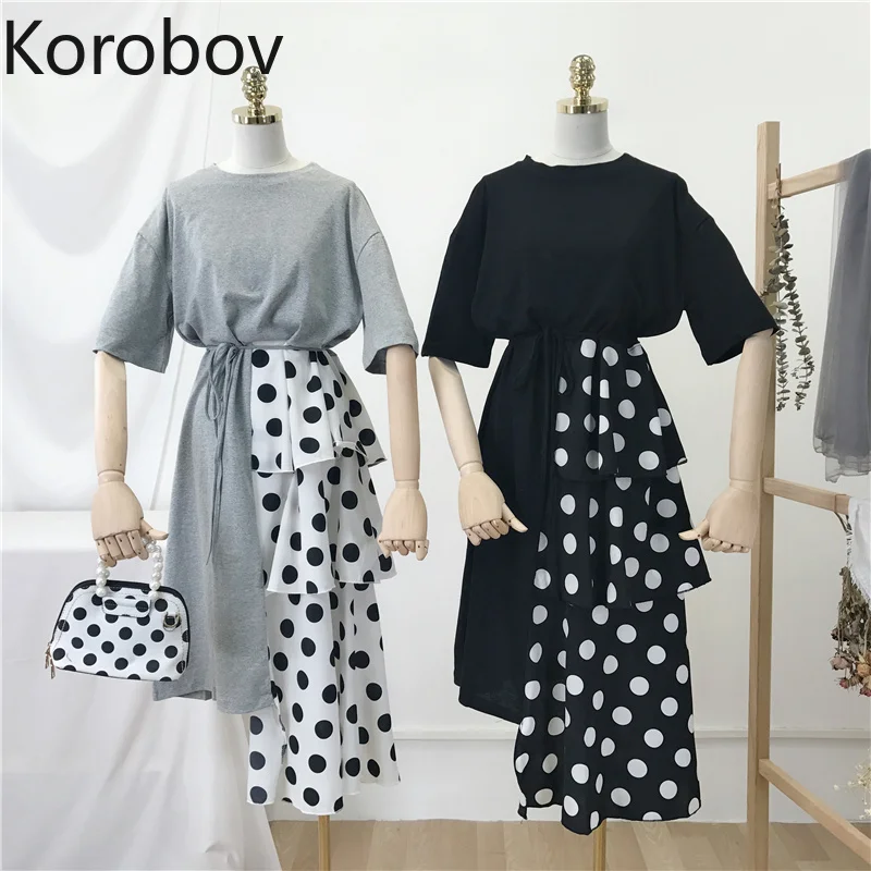 

Korobov Women Dress 2019 New Summer O-Neck Short Sleeve Straight Dresses Polka Dot Ruffles Patchwork Irregular Vestidos 77502