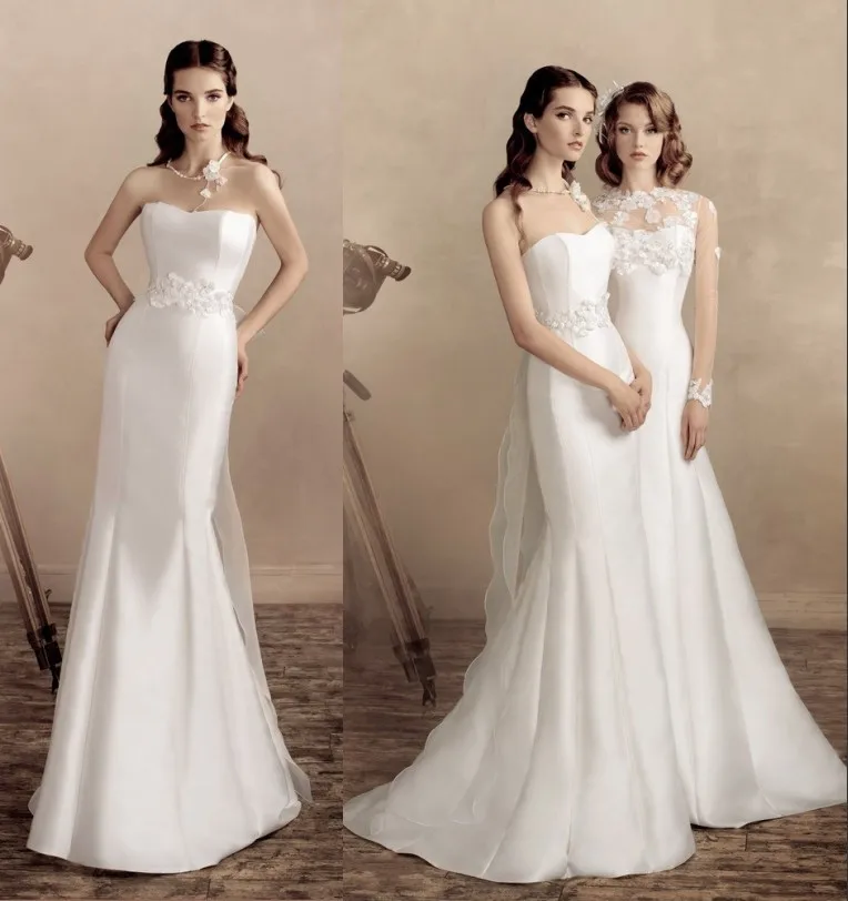 Plain White Mermaid Wedding Dress Strapless Long Satin Bridal Gown 2015