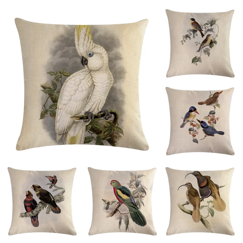 

High Quality Invisible Zipper Linen Parrot Lovely Birds Sofa Decor Amusing Cushion Cover/pillow Cover