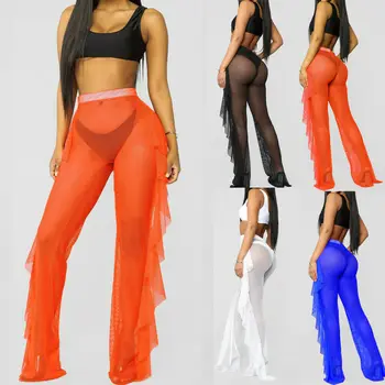

New Women's See Through Mesh Pants Transparent Ruffles Pants Long Bottom Cover Up Solid Long Trousers Summer Beach