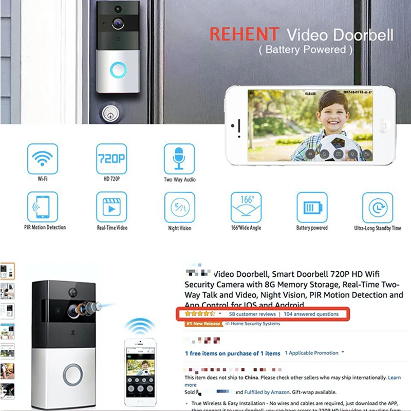 REHENT 1080P Full HD Smart WiFi Беспроводная перезаряжаемая с питанием от батареи видео дверной звонок камера