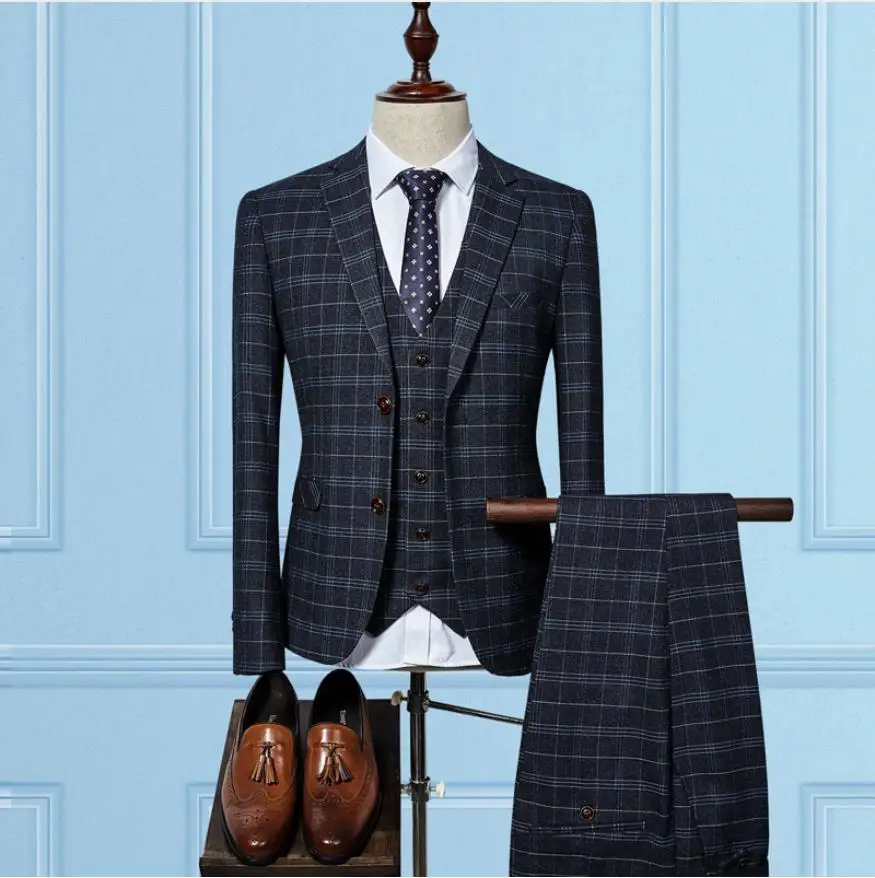 (Jacket+Vest+Pants) 2017 grid Men Suits Fashion wool Men's Slim Fit business wedding Suit men Wedding suit 3 colors Suit Groom (Jacket+Vest+Pants) 2017 grid Men Suits Fashion wool Men's Slim Fit business wedding Suit men Wedding suit 3 colors Suit Groom