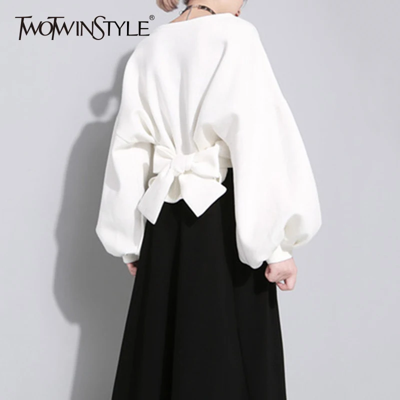 

TWPTWINSTYLE Belt Bow Hoody For Women Latern Sleeve Round Collar Short Pullover Tops Autumn Winter Female Loose Fashion Clothing