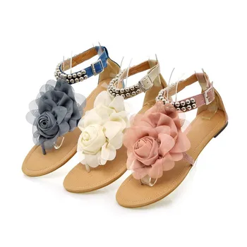 

2016 Gladiator Sandals for Women Bohemia Beaded Summer Flower Flat Heels Flip Flops Women's Shoes Tstraps Sandals Big size34-43