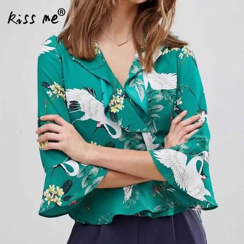 Womens Chiffon Blouses Shirts 2018 Point Sleeve V-Neck Breathable Printed Animal Prints Green Flare Sexy Bandages Summer Tops |