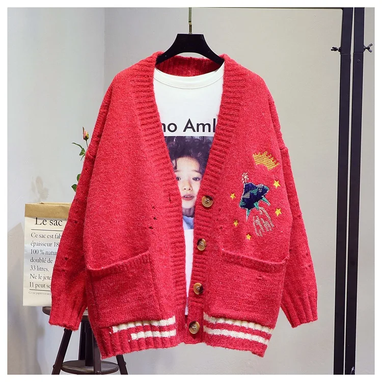 HSA осень зима женский свитер кардиганы с мультяшной вышивкой кардиганы Пончо однобортный вязаный свитер Харадзюку Топ - Цвет: LM8709 Red