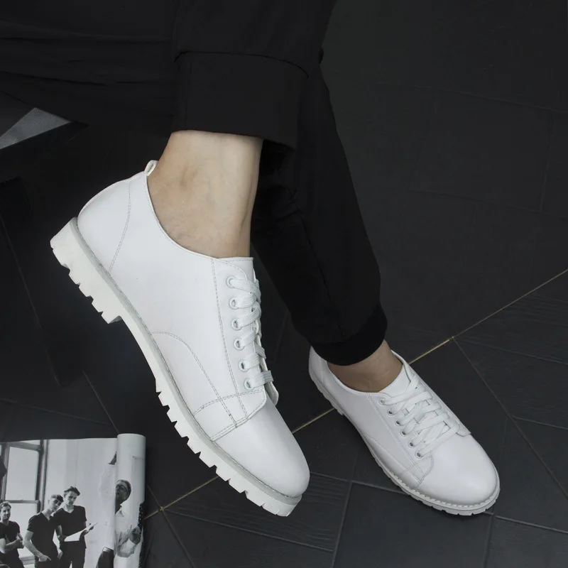 

2019 new solid color leather fight breathable wear-resistant front tie casual men's shoes wild white sewing shoes men