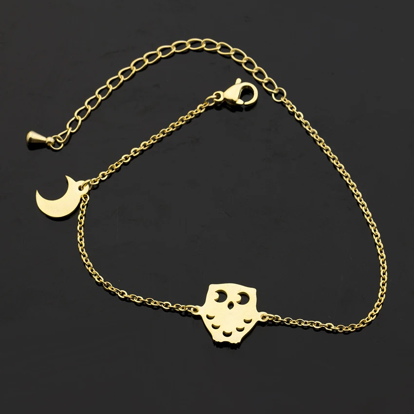 Wholesale 10piece Pretty Owl& Moon Bracelet For Women Sister Gifts Jewelry Gold Charm Adjustable Hand Chain Pulseira Feminina