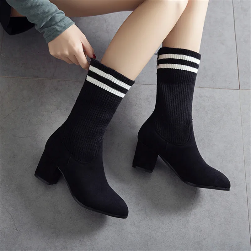 

2019 Sock Boots Fashion Women Shoes Knitting Square High Heel Women Ankle Boots Pointed Toe Women Boots Big Size 31-44