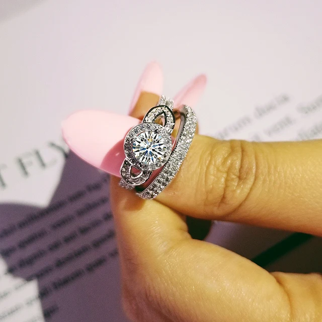 solid 925 Sterling Silver zircon Wedding Ring Set for Bridal Women Men