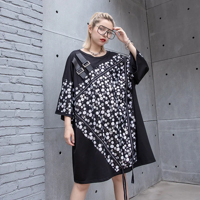 

Women Summer Streetwear Punk Gothic Loose Casual Oversized Black Dress Female Fashion Sequins Spliced Chic T Shirt Dresses