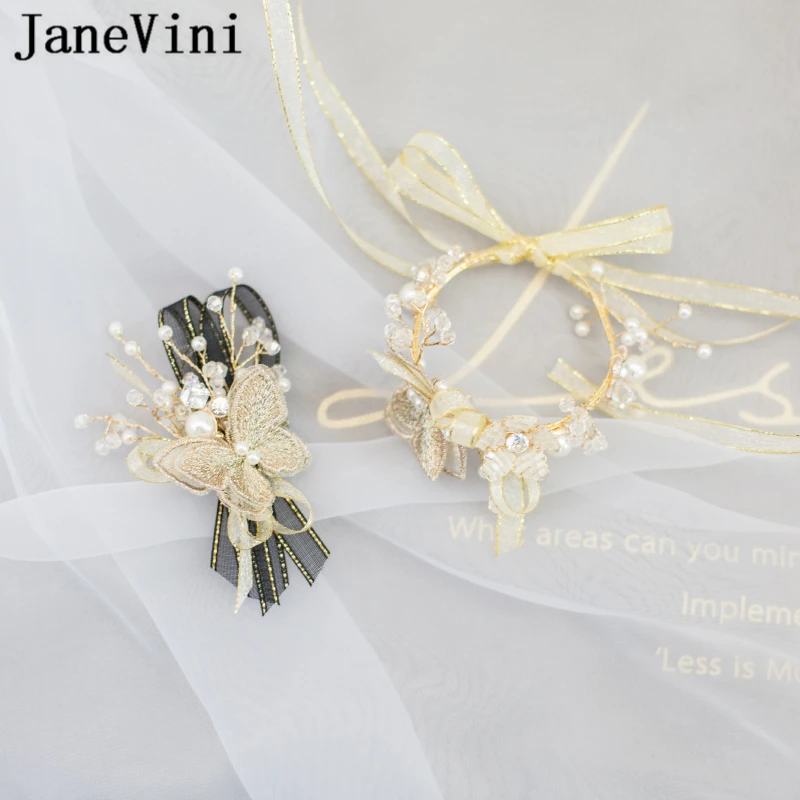 

JaneVini Luxury Gold Wedding Corsages Wrist Flower Bridal Wrist Band Corsage Beaded Lace Butterfly Pttern Wrist Corsage Bracelet