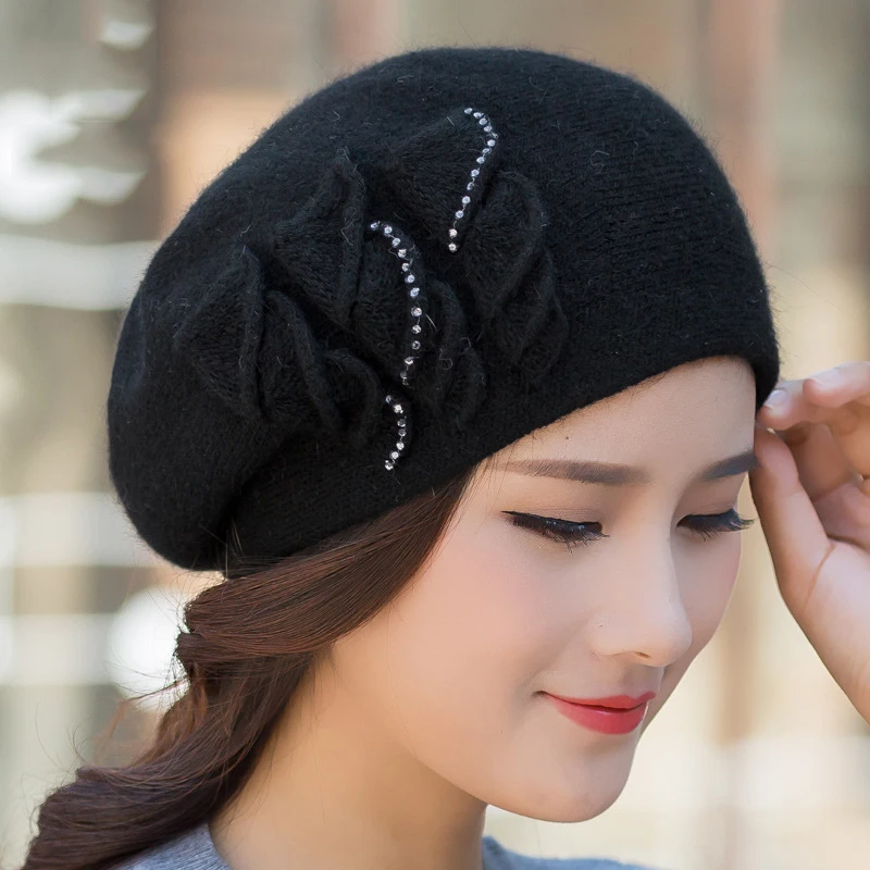 Angora Beanie Women Winter Hat Warm Knit Cap Beret Headwear Double Layer Casual Soft Classic Thermal Snow Outdoor Accessory (9)