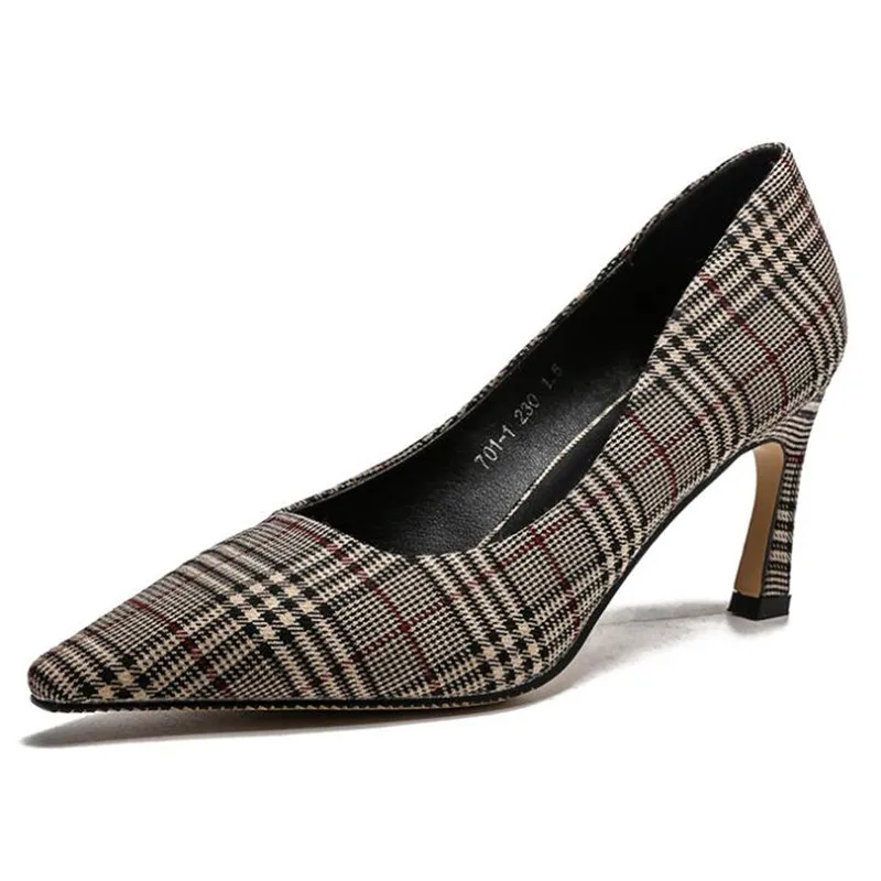 Women Shoes Pointed Toe Pumps Checkered cloth Basic Flock Slip On