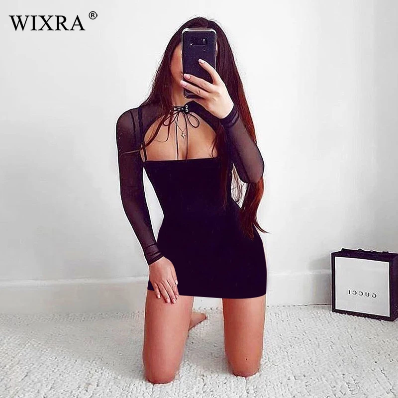 

Wixra New Hot 2019 Summer Hollow out Sexy Club Mini Dress Lace UP Long Sleeve Short Dress For Women