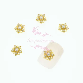 

100PCS/Lot Star Flower Design Faux Pearl Gold Plated Metal Nail Art Alloy Charms Crafts Jewelry Making DIY Design Decorations