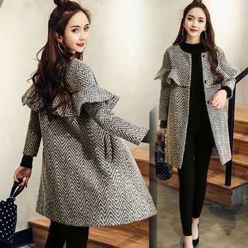 

Brand Coat Gray Striped O-neck Slim Butterfly Sleeve Autumn Wool Coat Women Period Long Ladies Coats Toyouth Woolen Overcoat