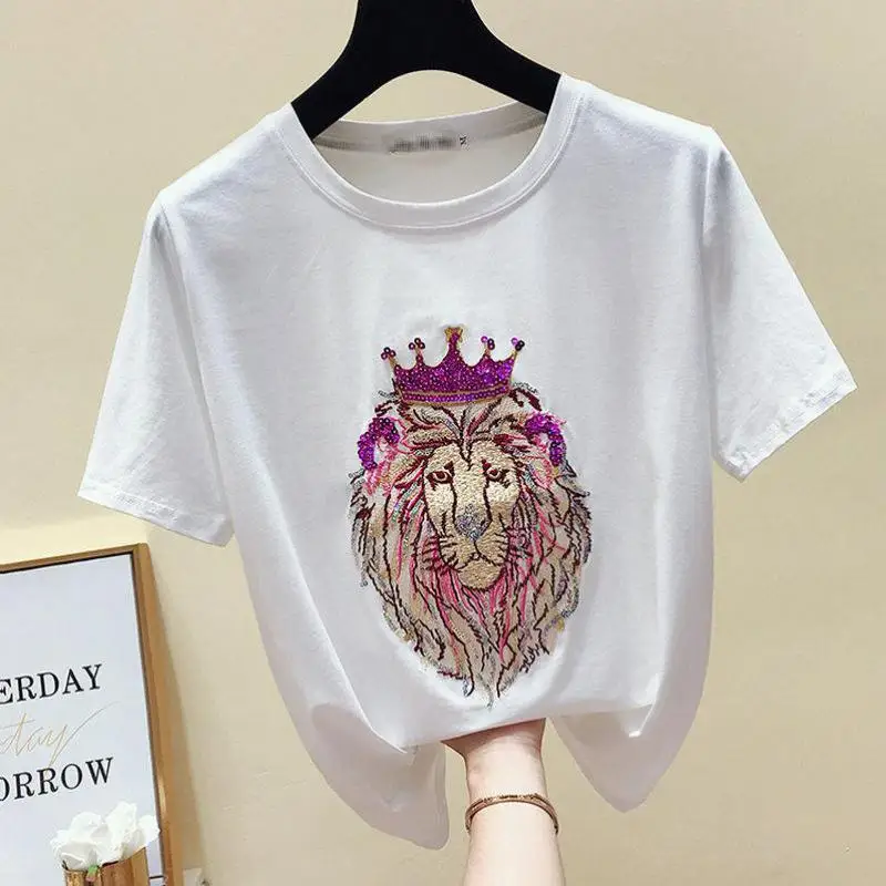 

Zuolunouba Summer Cotton Women T Shirt Embroidered Harajuku Lion Head Lady T Shirt Wild Casual White Female Fashion Vintage Tops