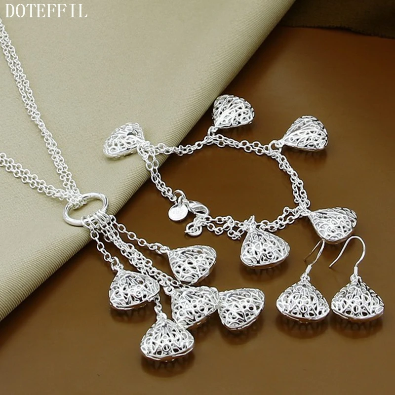 DOTEFFIL 925 Sterling Silver Hollow Sector Pendant Necklace Bracelet Earring Set For Woman Wedding Engagement Charm Jewelry | Украшения и