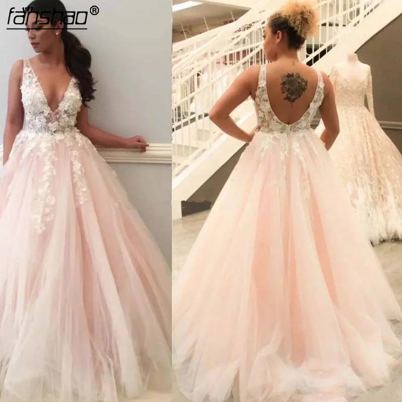 Светильник, розовое свадебное платье, 2019 v-образный вырез, 3D Цветы, Кружевная аппликация, розовое свадебное платье, Формальные вечерние