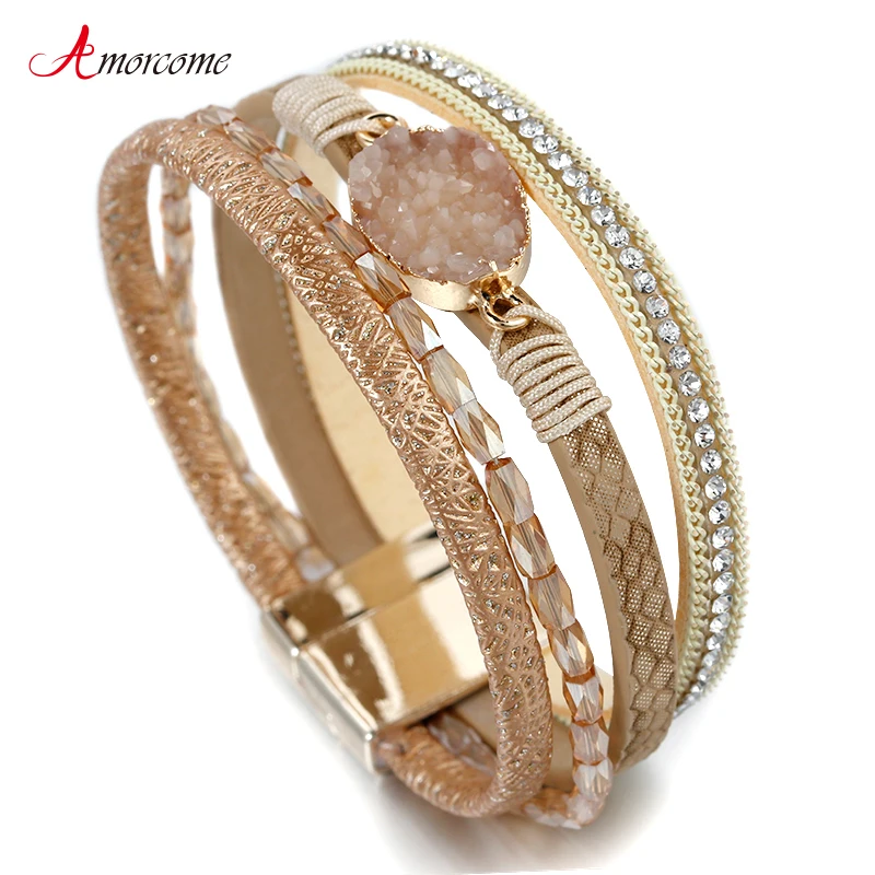 

Amorcome Stone Charm Women Leather Bracelet Jewelry Ladies Fashion Crystal Multilayer Bohemian Wrap Wide Bracelets & Bangles
