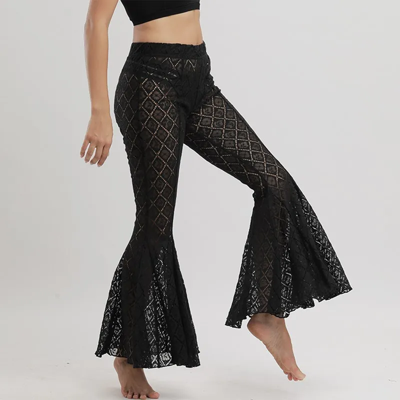 

Women Long Wide Leg Pants 2017 Fashion Lady Casual Trousers Solid Frill Hem Ruffle Bell Bottom Black See Through Flared Pants