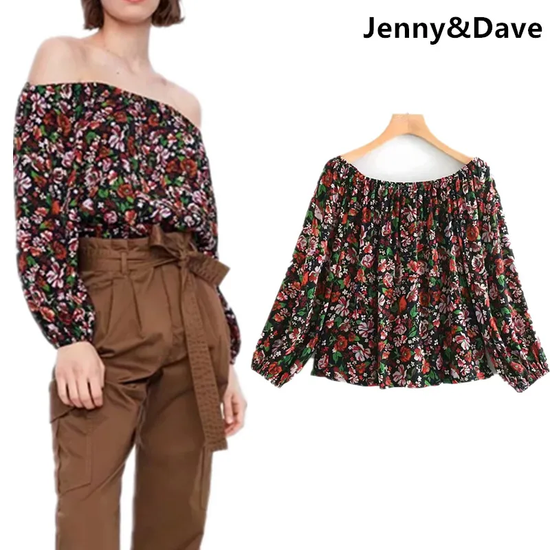 Jenny & Dave blusas mujer de moda 2019 с цветочным принтом и вырезом лодочкой кимоно с оборками блузки женские топы и блузы 0409
