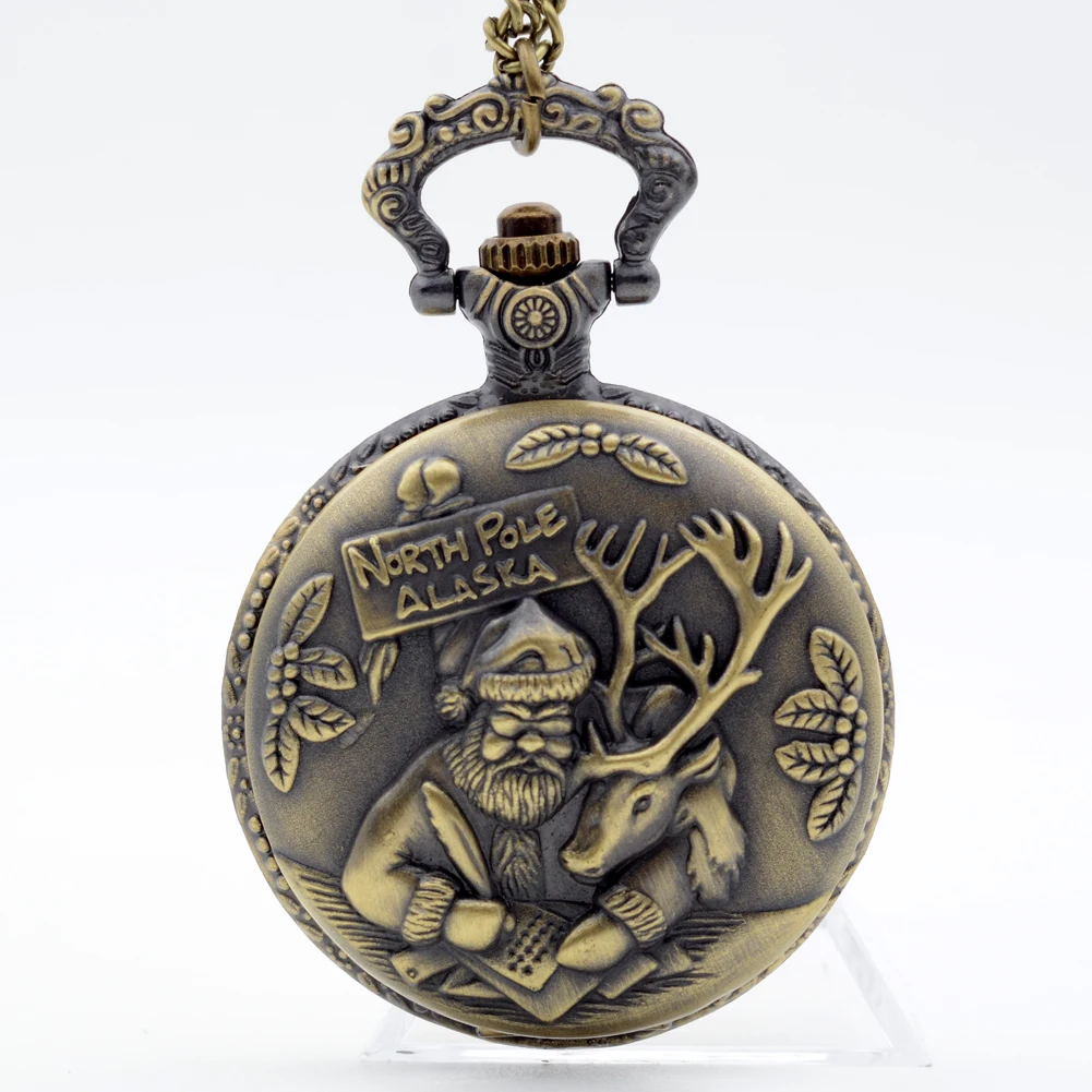 

Bronze North Pole ALASKA Santa Claus and Reindeer Quartz Pocket Watch Analog Necklace Chain Mens Womens Christmas Gift