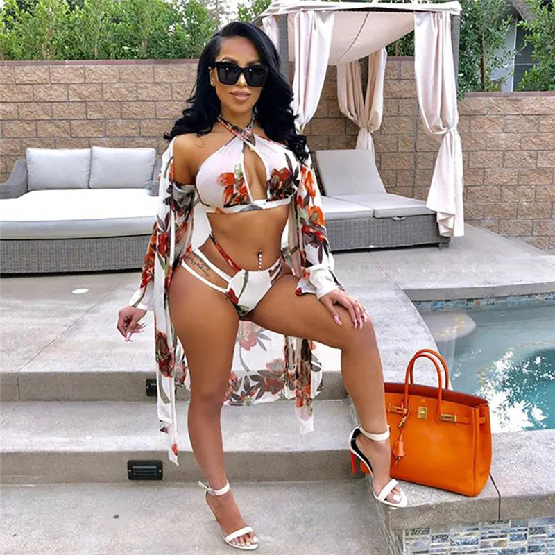 

Summer Sexy 3 Piece Set Women Beach Outfit Floral Print Cardigan 2 Piece Underwear Boho Swimwear Bathing Suit Women Set 2019
