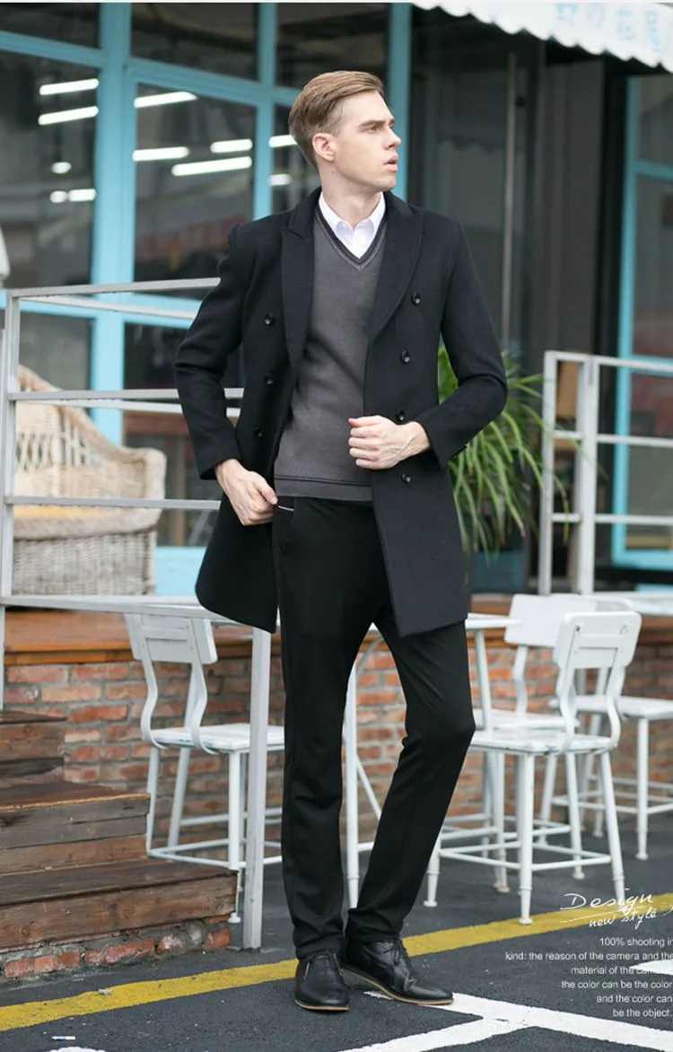Новинка 2019 года зимние шерстяные длинные Peacoat для мужчин Slim Fit двубортное пальто s теплый бизнес Тренч для мужчин, Ma324