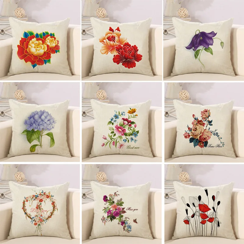 New Summer Flowers Cotton Linen Pillowcase Sofa Cushion Office Chair Waist Pad Car Seat Cushion Pillowcase