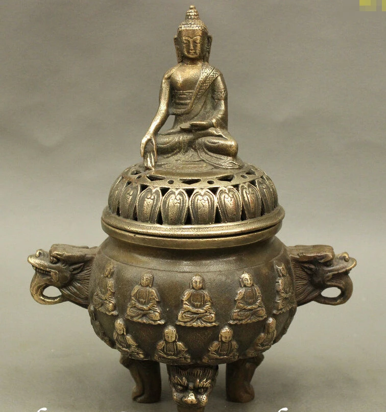 

Old Tibet Buddhist Bronze Shakyamuni Buddha Dragon Statue Incense Burner Censer